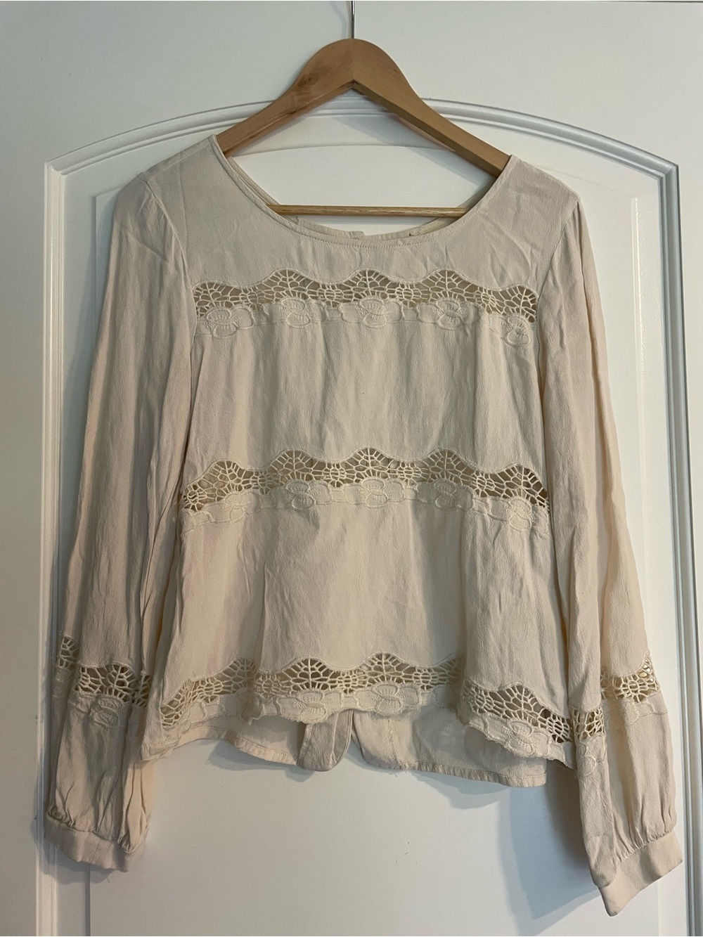 Ivory Cotton Rayon Round Neck Long Sleeve Lace Accent Boho Button Back  Blouse S